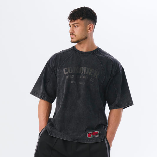 Faded Washing Conquer  棉質短袖運動上衣 水洗深灰