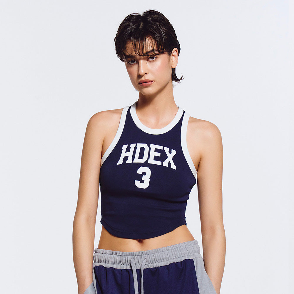 3 Edition 削肩短版滾撞色背心 深藍色