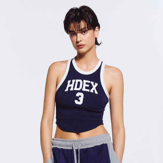 3 Edition 削肩短版滾撞色背心 深藍色