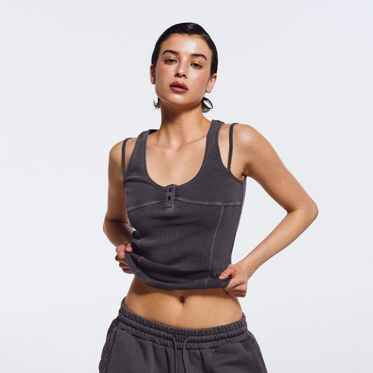 Pigment 復古雙肩帶造型羅紋修身背心 水洗鐵灰