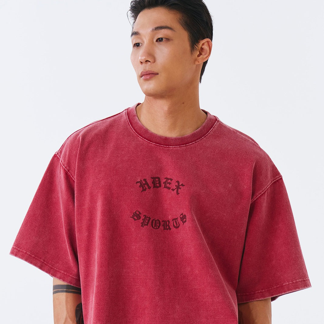 【新品預購】Old Faded 水洗復古風純棉短袖上衣 暗紅色