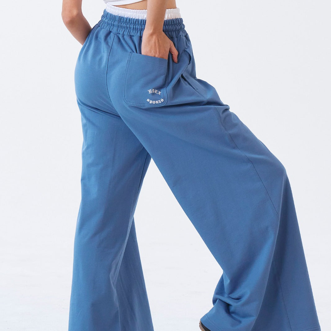 【新品預購】 Double Waist 假兩件寬版運動長褲 灰藍色