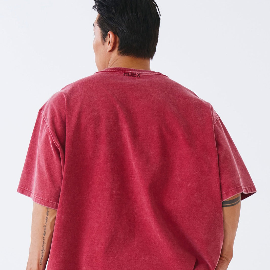 【新品預購】Old Faded 水洗復古風純棉短袖上衣 暗紅色