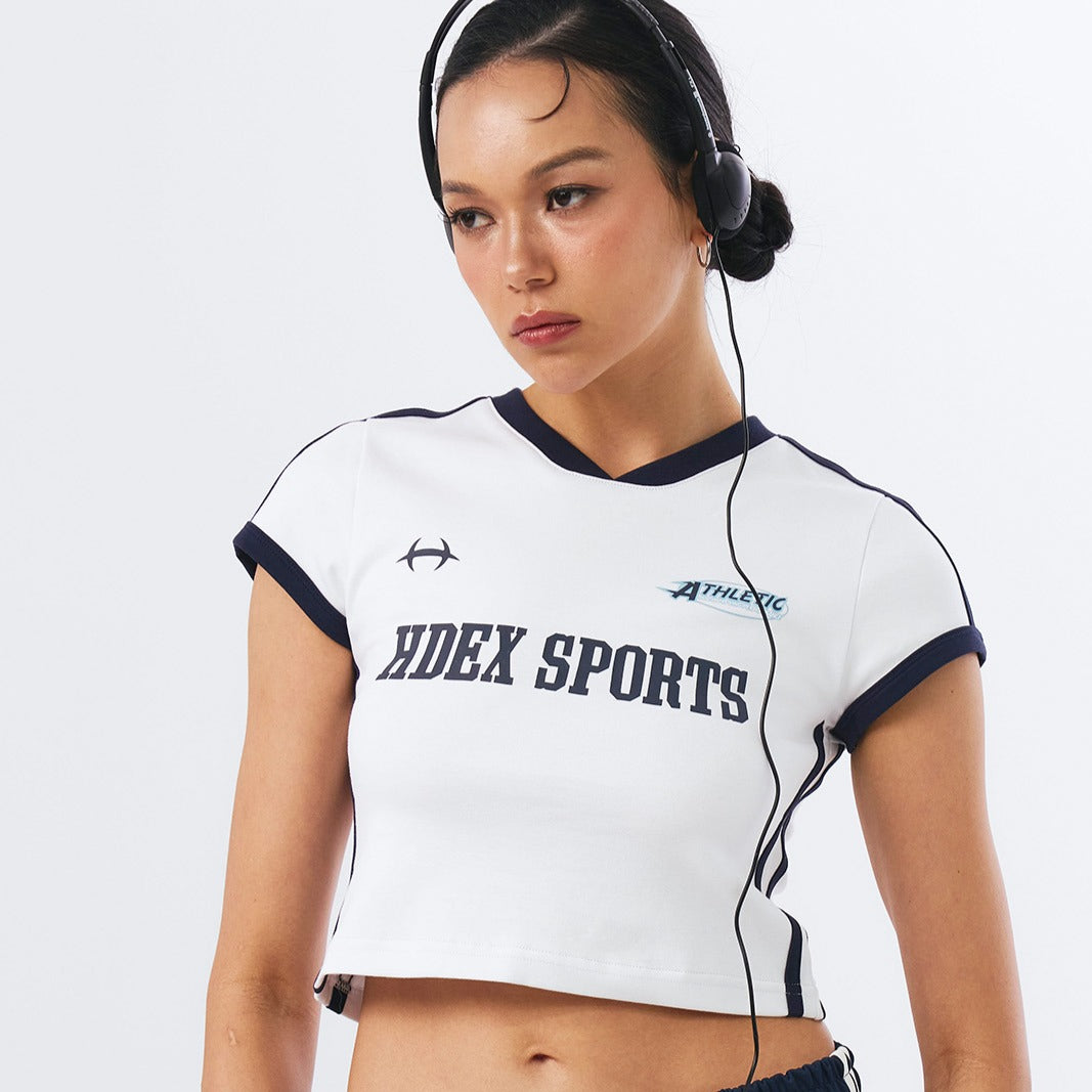 Sporty Ringer V領撞色短版運動上衣 白色
