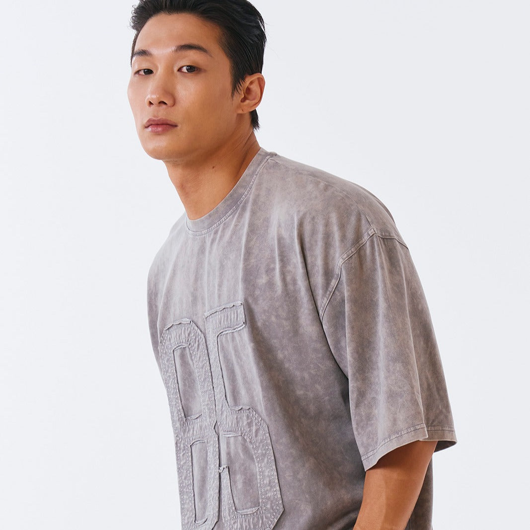 Washed Applique Over Fit 水洗復古風短袖上衣 灰色(男女同款)