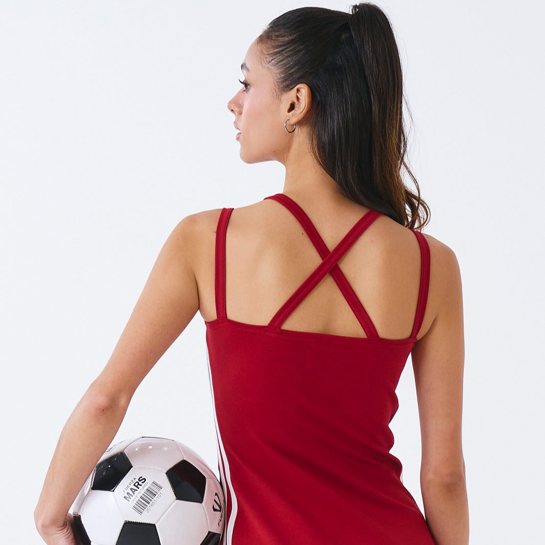 【新品預購】Sporty Line 美背交叉修身連身裙 暗紅色
