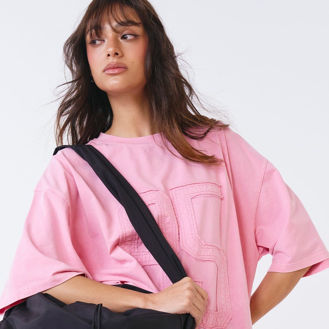 Washed Applique Over Fit 水洗復古風短袖上衣 粉色