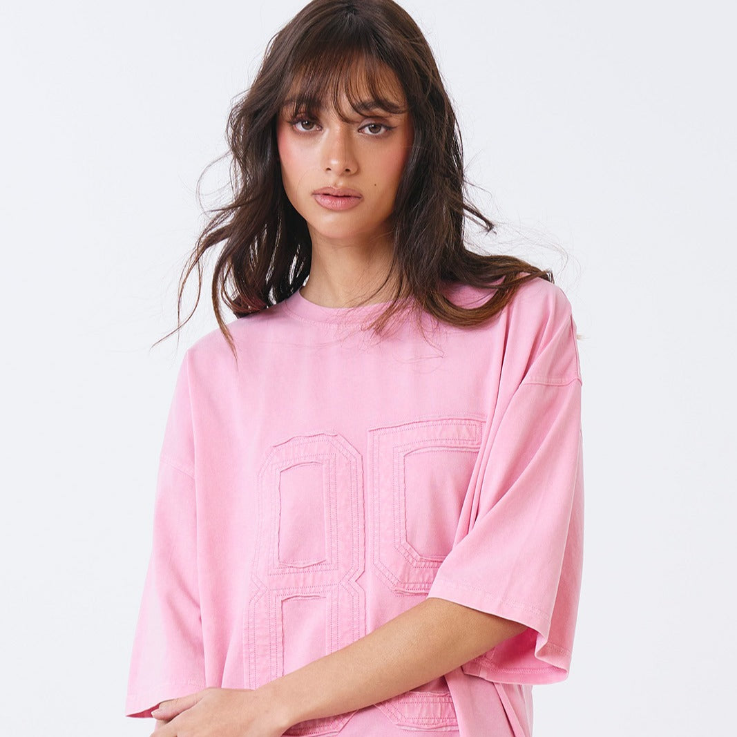 Washed Applique Over Fit 水洗復古風短袖上衣 粉色