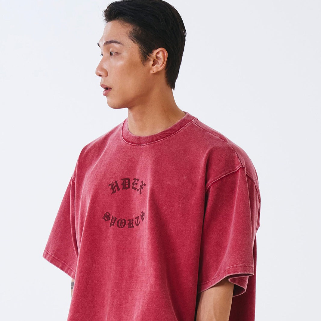 【新品預購】Old Faded 水洗復古風純棉短袖上衣 暗紅色