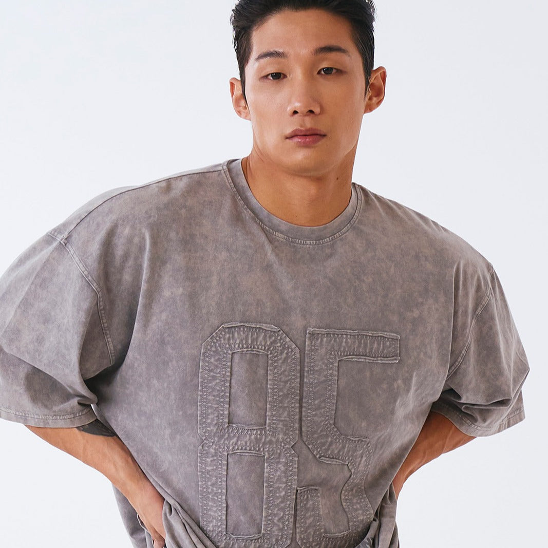 Washed Applique Over Fit 水洗復古風短袖上衣 灰色(男女同款)