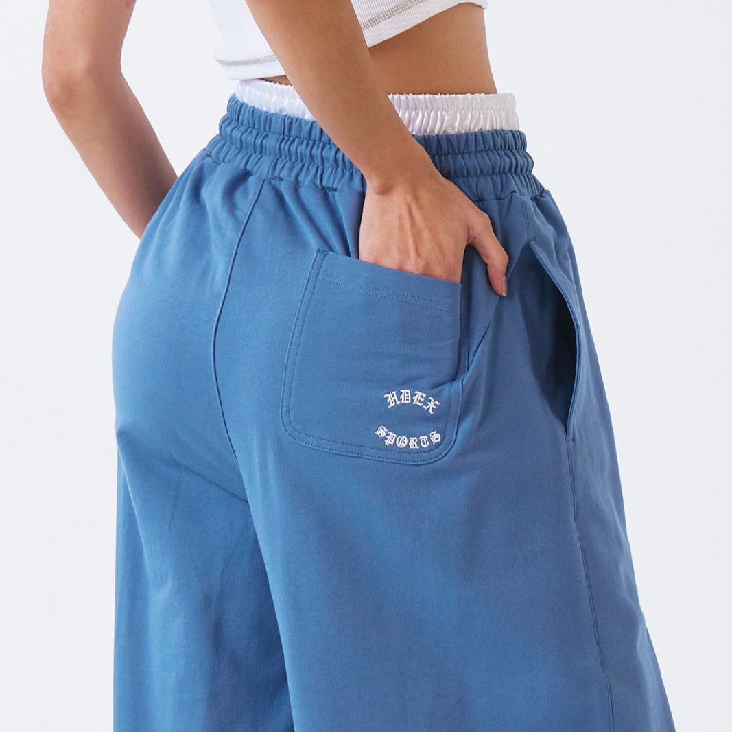 【新品預購】 Double Waist 假兩件寬版運動長褲 灰藍色