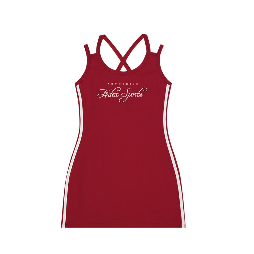 【新品預購】Sporty Line 美背交叉修身連身裙 暗紅色