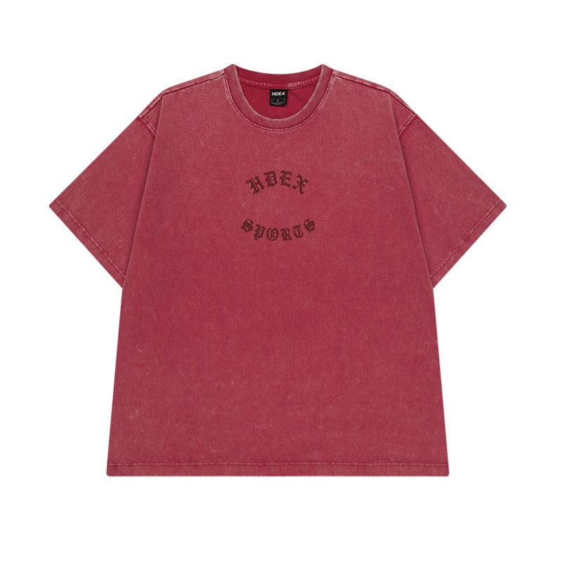 【新品預購】Old Faded 水洗復古風純棉短袖上衣 暗紅色
