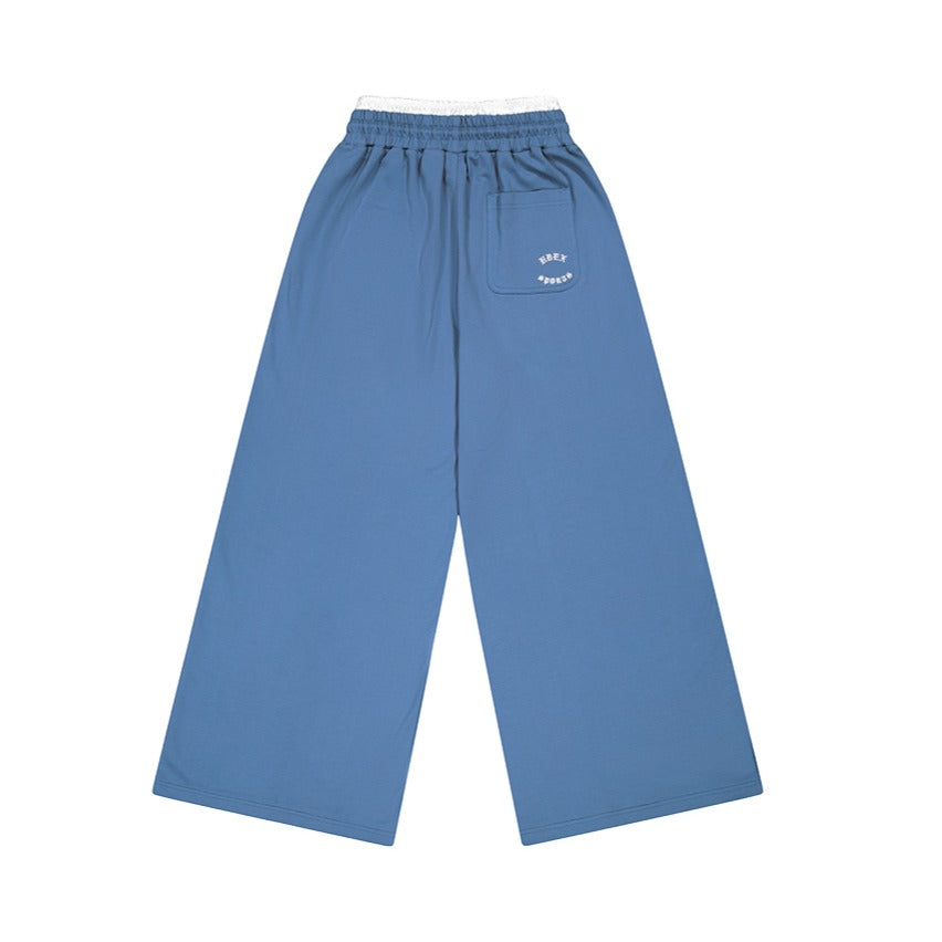 【新品預購】 Double Waist 假兩件寬版運動長褲 灰藍色