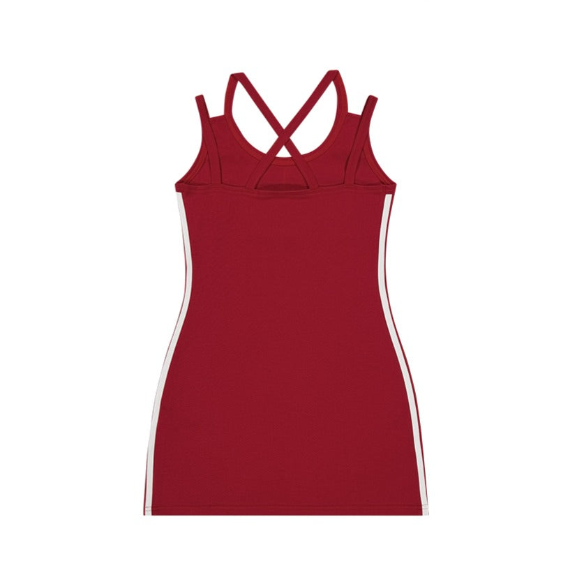 【新品預購】Sporty Line 美背交叉修身連身裙 暗紅色