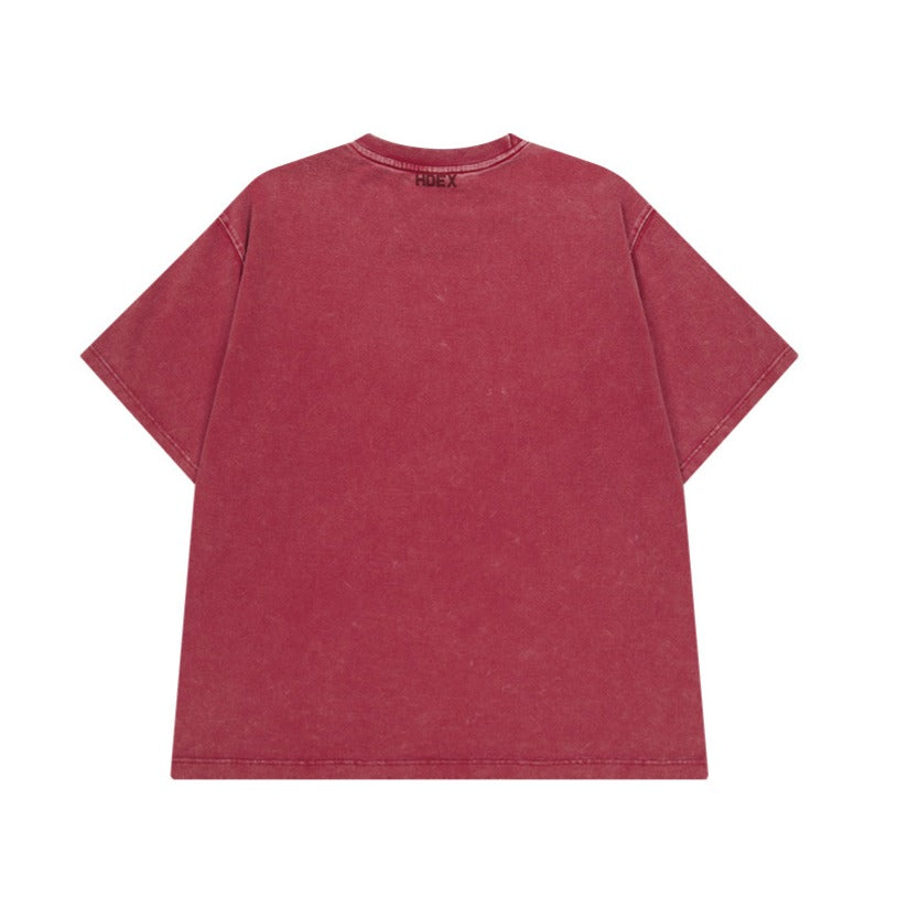 【新品預購】Old Faded 水洗復古風純棉短袖上衣 暗紅色
