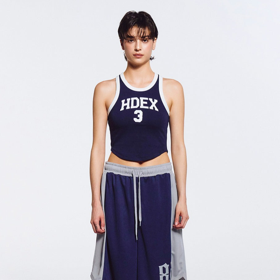 3 Edition 削肩短版滾撞色背心 深藍色