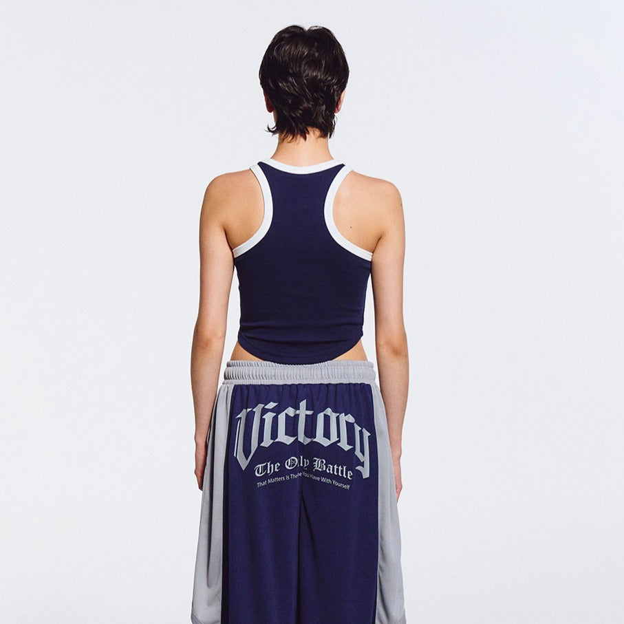 3 Edition 削肩短版滾撞色背心 深藍色