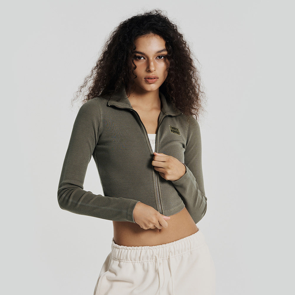 Pigment 經典剪裁短版高領拉鍊外套 灰褐色