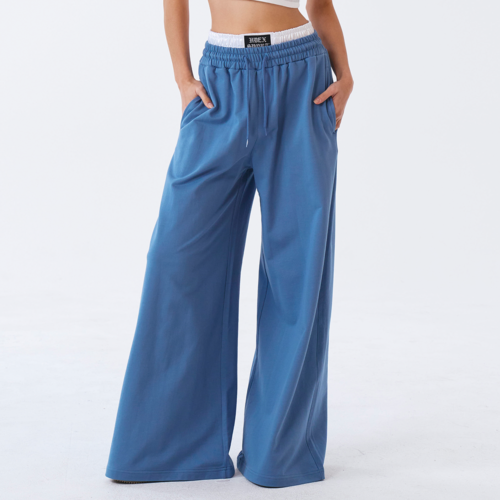 【新品預購】 Double Waist 假兩件寬版運動長褲 灰藍色