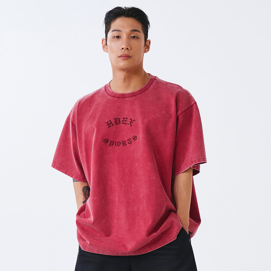 Old Faded 水洗復古風純棉短袖上衣 暗紅色