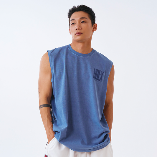 Crack Printed 復古美式風純棉背心 水洗灰藍