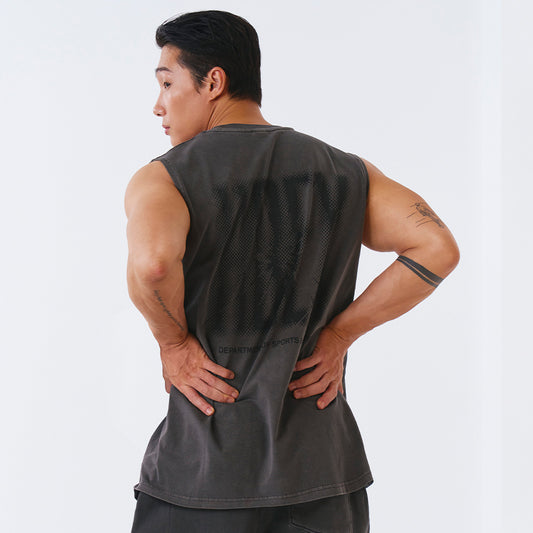 Crack Printed 復古美式風純棉背心 水洗鐵灰