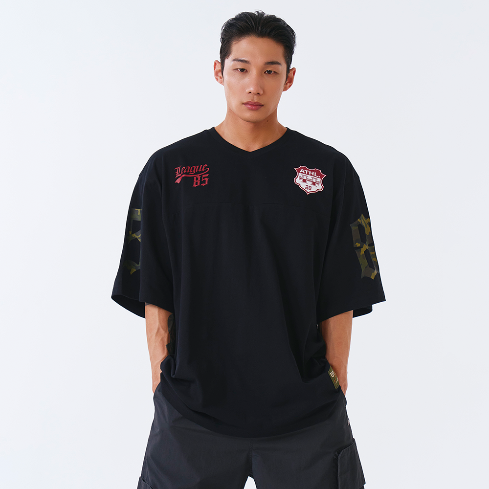 【新品預購】Camo Rugby over Fit 美式風純棉短袖上衣 黑色(男女同款)