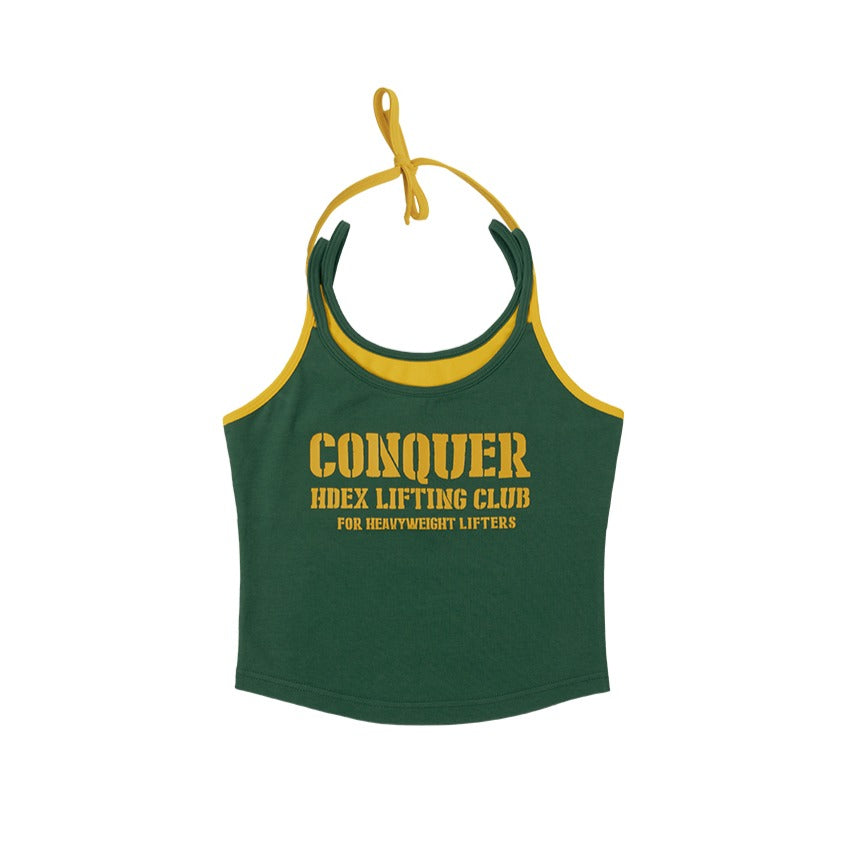 CONQUER 撞色雙繩繞頸背心 深綠色