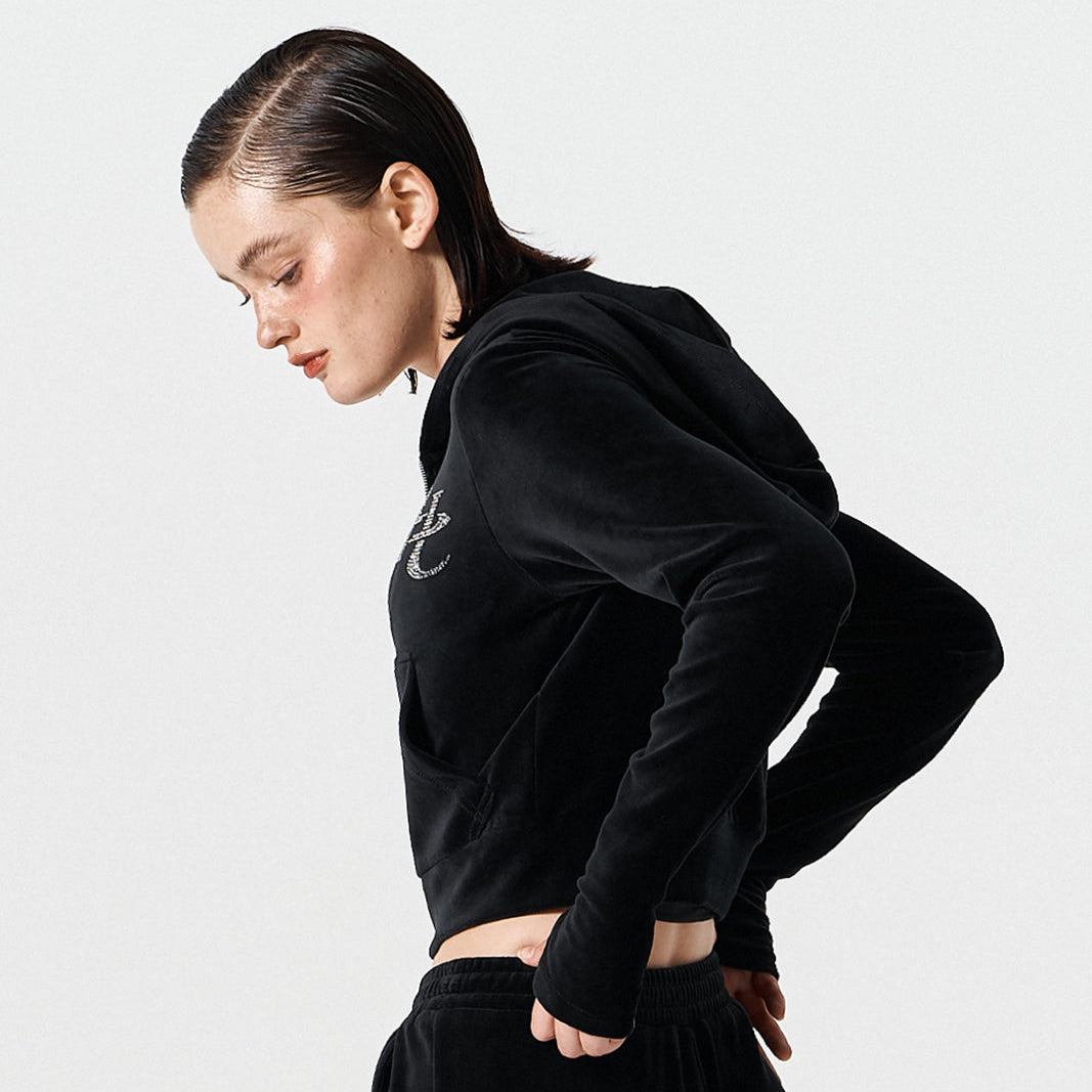 【早鳥優惠】Velour 美式街頭風貼鑽短版連帽外套 黑色