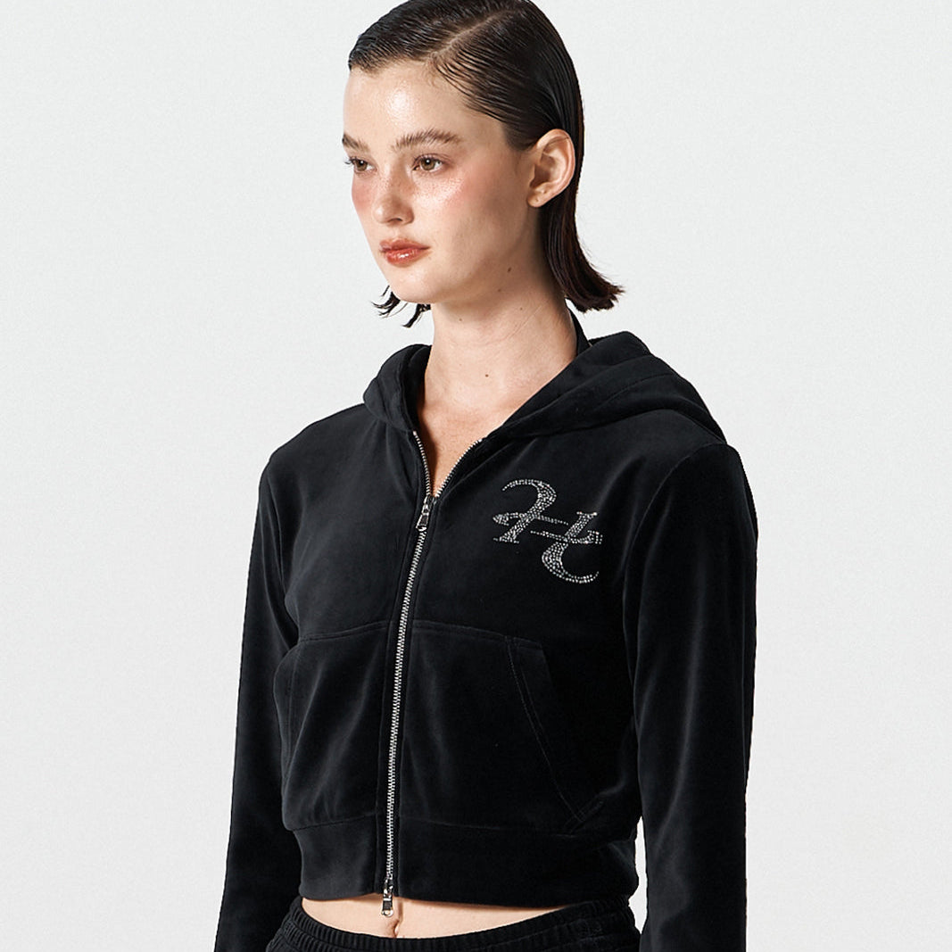 【早鳥優惠】Velour 美式街頭風貼鑽短版連帽外套 黑色