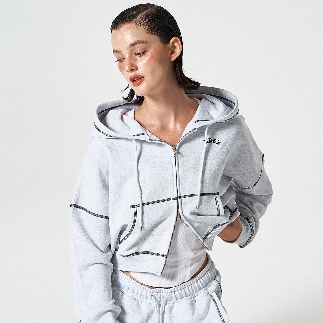 Contrast Stitch 短版休閒連帽外套 麻灰白