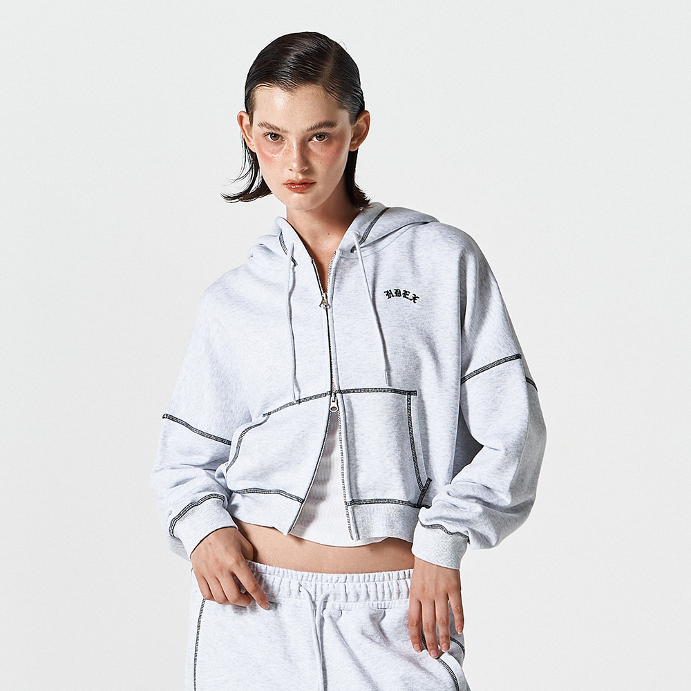 Contrast Stitch 短版休閒連帽外套 麻灰白