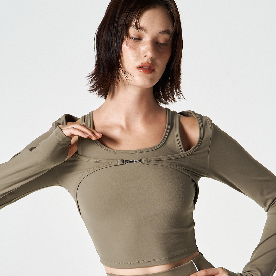 【早鳥優惠】Womens Supple 假兩件運動長袖上衣 奶茶色