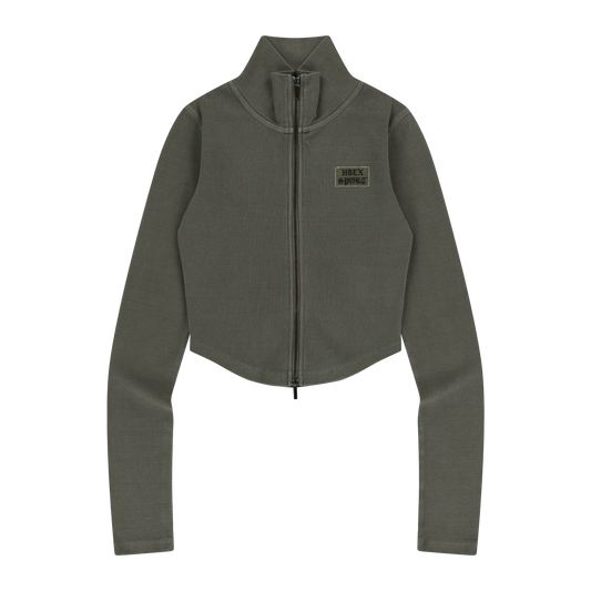 Pigment 經典剪裁短版高領拉鍊外套 灰褐色