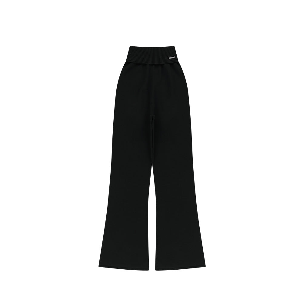 Knit Crop 高腰微喇叭休閒運動褲 黑色