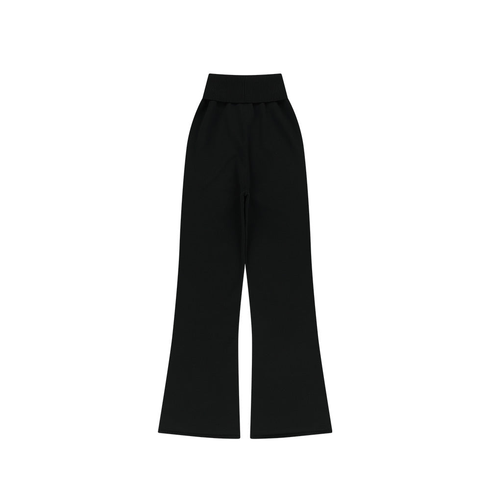 Knit Crop 高腰微喇叭休閒運動褲 黑色