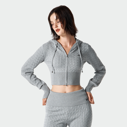 【早鳥優惠】Womens Cable 麻花針織短版連帽外套 麻花灰