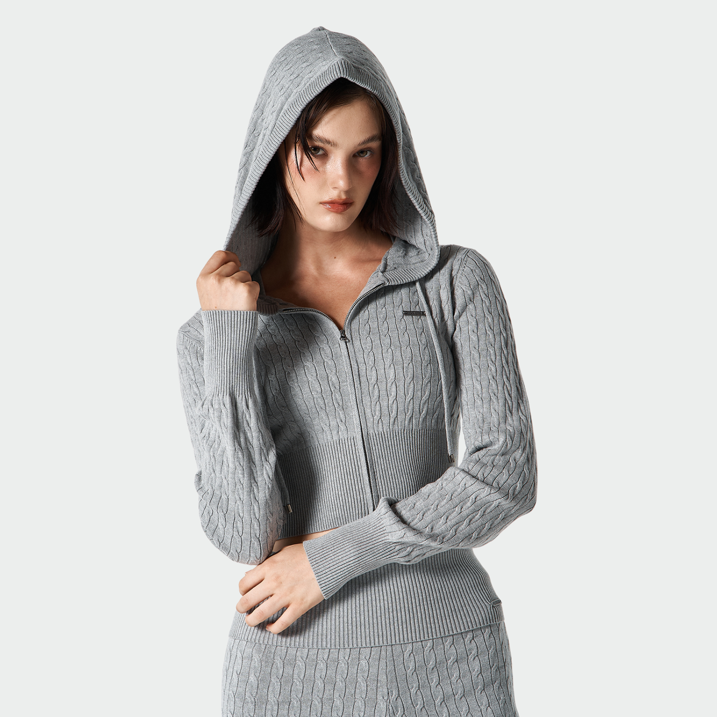 【早鳥優惠】Womens Cable 麻花針織短版連帽外套 麻花灰