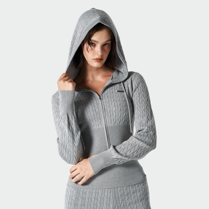 【早鳥優惠】Womens Cable 麻花針織短版連帽外套 麻花灰