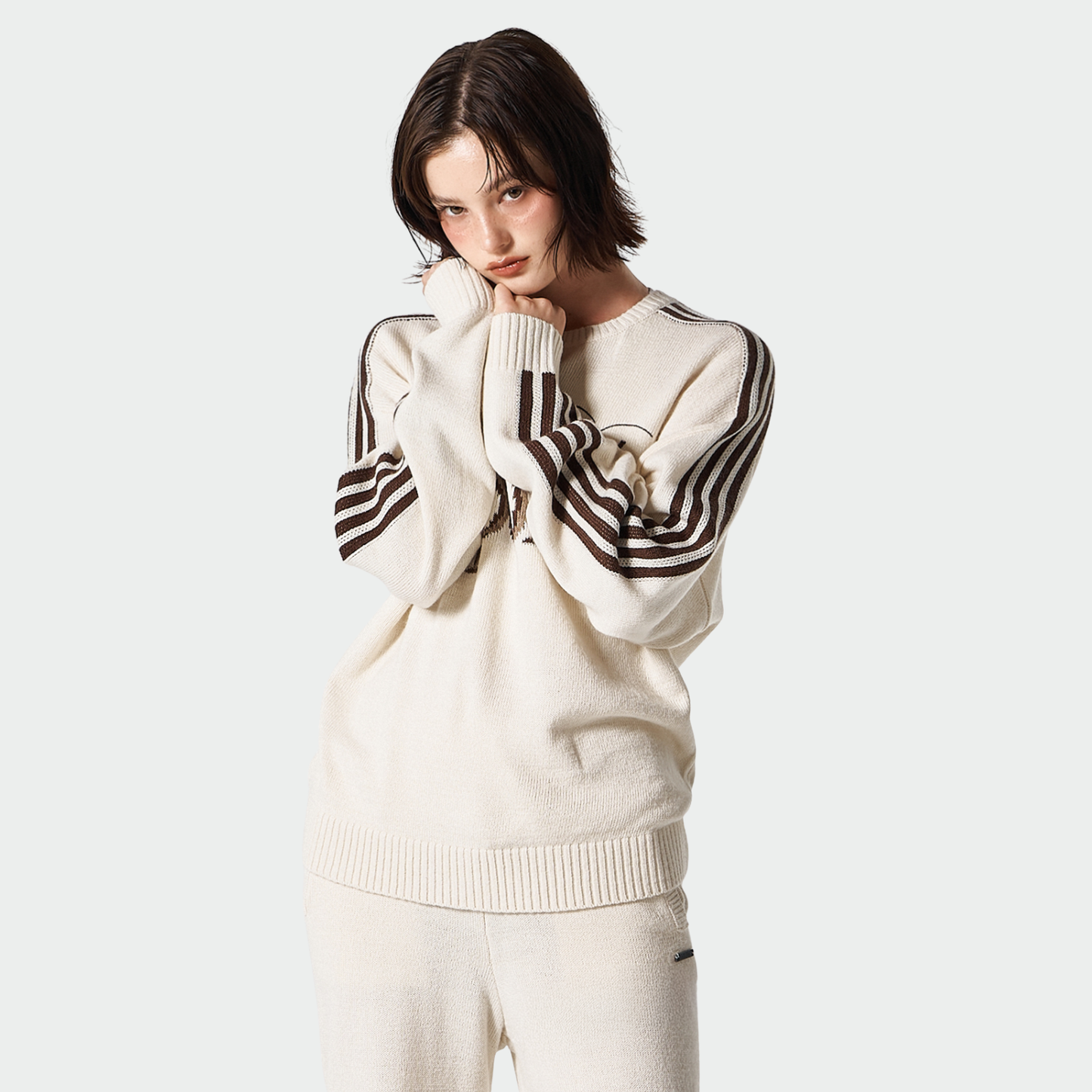 【早鳥優惠】Womens 滾邊休閒寬鬆混羊毛針織上衣 象牙白