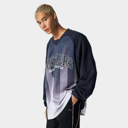 Stripe Jesrsey 漸層條紋運動長袖上衣 深藍色(男女同款)