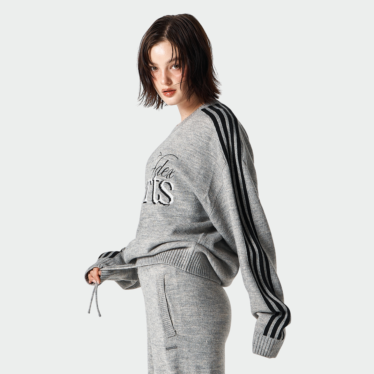 【早鳥優惠】Womens 滾邊休閒寬鬆混羊毛針織上衣 麻花灰