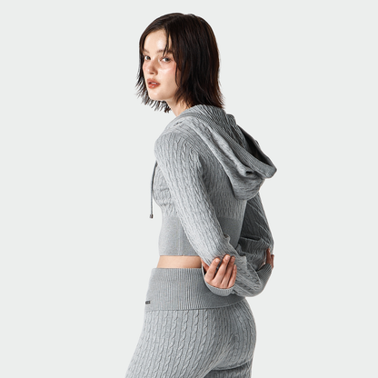 【早鳥優惠】Womens Cable 麻花針織短版連帽外套 麻花灰