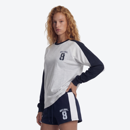 【新品早鳥優惠】Number 8 Raglan 滾邊撞色休閒純棉長袖上衣 麻灰白(男女同款)