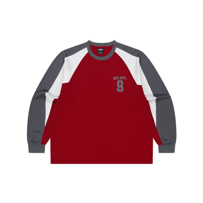 【新品早鳥優惠】Number 8 Raglan 滾邊撞色休閒純棉長袖上衣 暗紅色(男女同款)