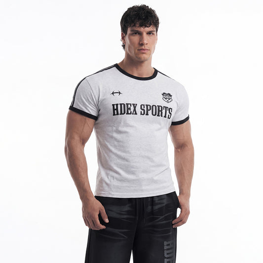 Sporty Ringer Muscle Fit 滾邊短袖運動上衣 麻灰白