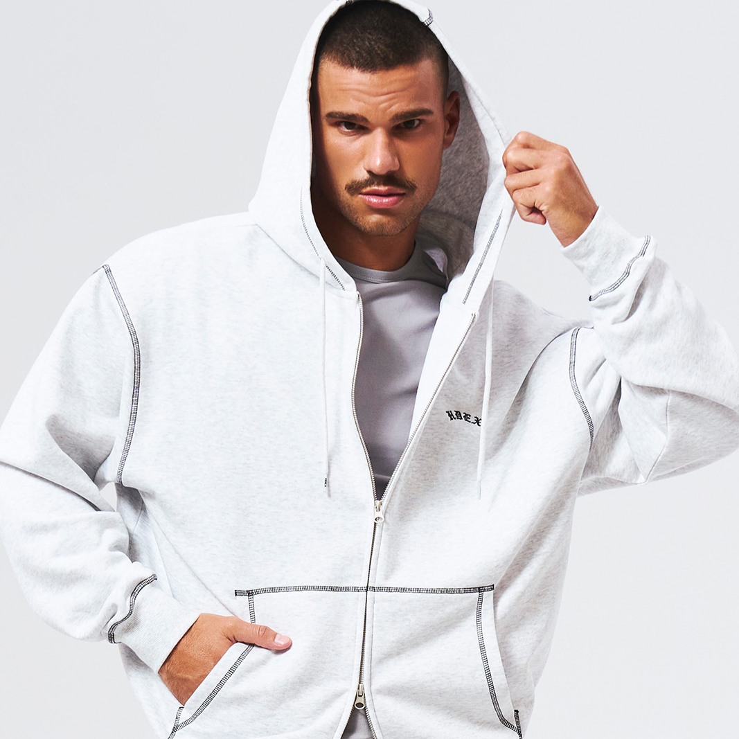 Contrast Stitch 休閒連帽外套 麻灰白