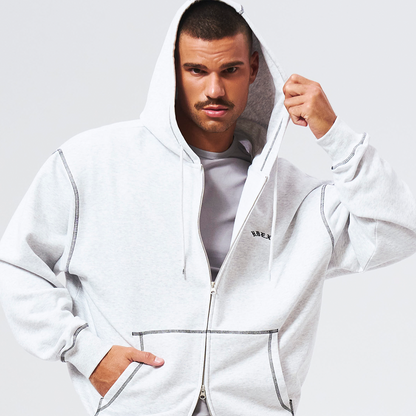 Contrast Stitch 休閒連帽外套 麻灰白