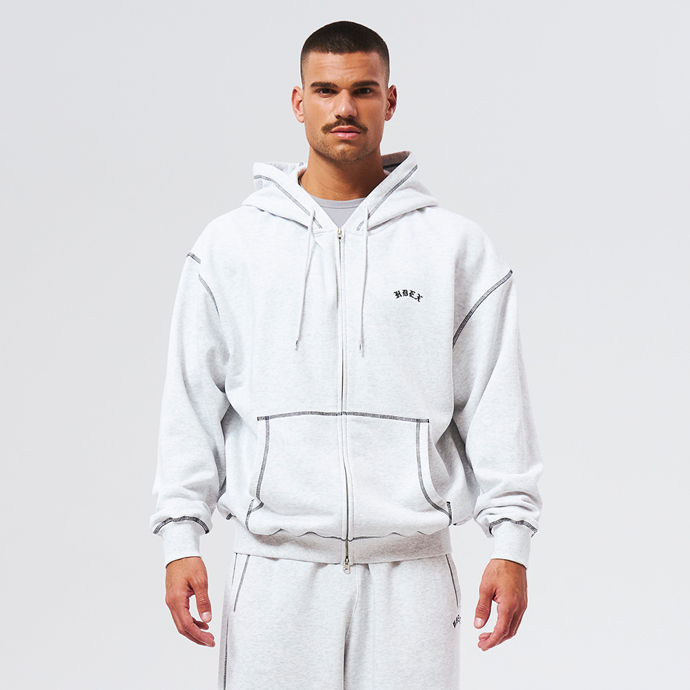 Contrast Stitch 休閒連帽外套 麻灰白